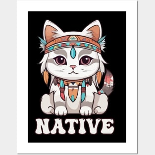 Kawaii Native American Cat Posters and Art